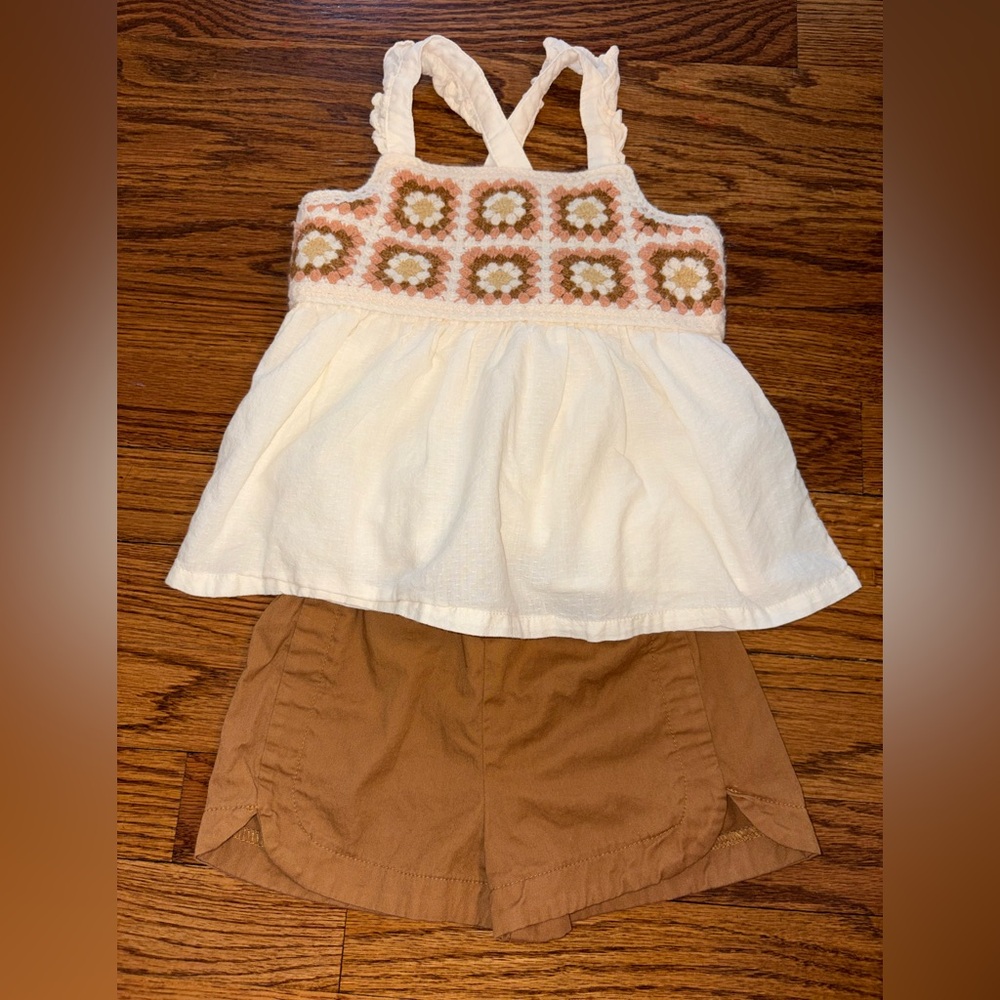 Haute Hippie Cream and Brown Boho Crochet Top with Cotton Shorts 24M